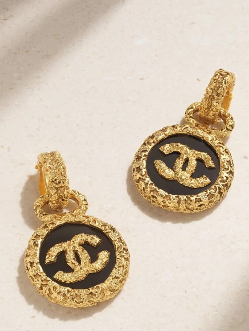 CHANEL Gold and Black Medallion Drop Earrings
